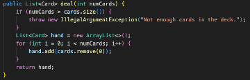 Supongamos que estás diseñando un juego de cartas en Java y necesitas implementar una clase Deck que represente una baraja de cartas. Cada instancia de Deck debe ser capaz de barajarse y repartirse. ¿Cuál de las siguientes implementaciones sería la más adecuada para la clase Deck?