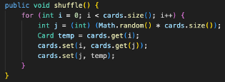 Supongamos que estás diseñando un juego de cartas en Java y necesitas implementar una clase Deck que represente una baraja de cartas. Cada instancia de Deck debe ser capaz de barajarse y repartirse. ¿Cuál de las siguientes implementaciones sería la más adecuada para la clase Deck?