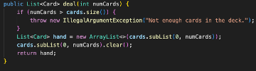 Supongamos que estás diseñando un juego de cartas en Java y necesitas implementar una clase Deck que represente una baraja de cartas. Cada instancia de Deck debe ser capaz de barajarse y repartirse. ¿Cuál de las siguientes implementaciones sería la más adecuada para la clase Deck?
